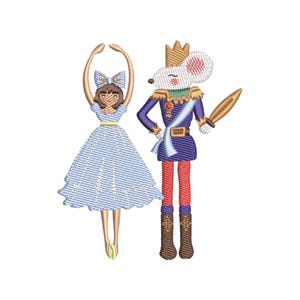 May include: An embroidered design featuring a ballerina in a blue striped dress and a mouse king in a purple uniform with a gold crown and sword. The ballerina has her arms raised, and the mouse king stands at attention.