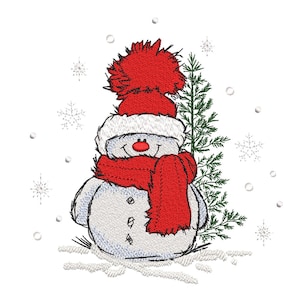 May include: A snowman wearing a red hat with a white pom-pom and a red scarf, holding a small green pine tree. The snowman is standing in the snow with snowflakes falling around it.