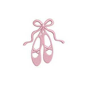 May include: A pair of pink ballet slippers with a bow at the top. The slippers are embroidered with a textured pattern and have long ribbons extending from the bow. The design is set against a white background.