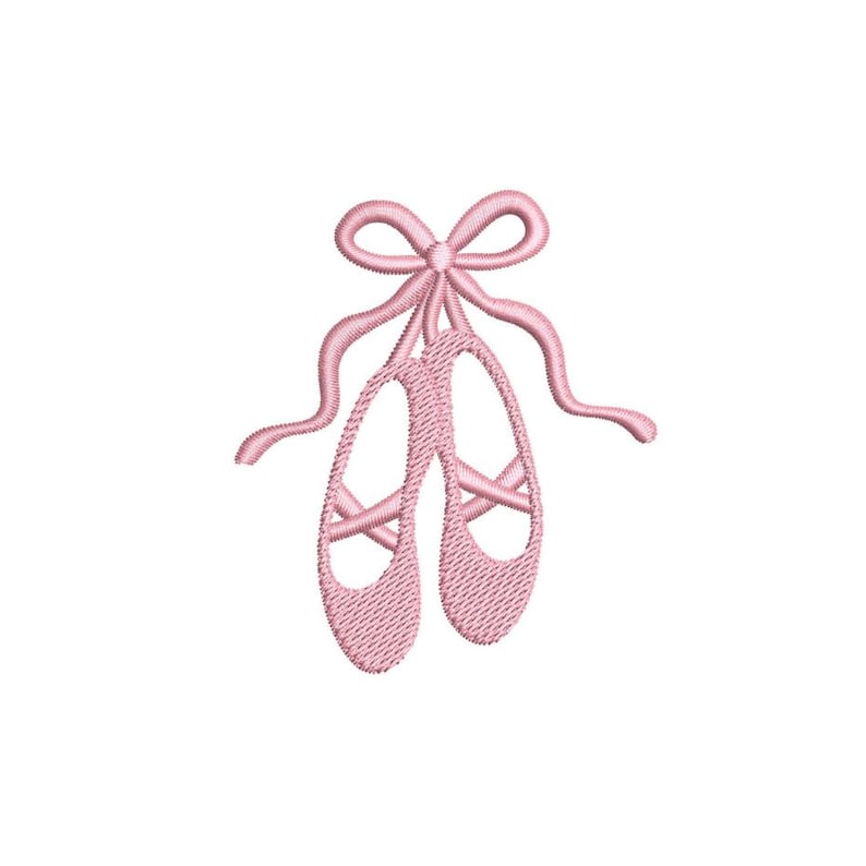 May include: A pair of pink ballet slippers with a bow at the top. The slippers are embroidered with a textured pattern and have long ribbons extending from the bow. The design is set against a white background.