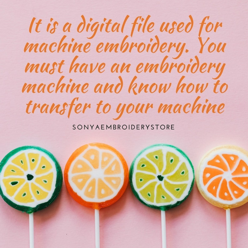 Puede incluir: Un archivo digital utilizado para el bordado a m&aacute;quina. Debes tener una m&aacute;quina de bordar y saber c&oacute;mo transferir a tu m&aacute;quina. SONYAEMBROIDERYSTORE. La imagen muestra cuatro piruletas coloridas sobre un fondo rosa.