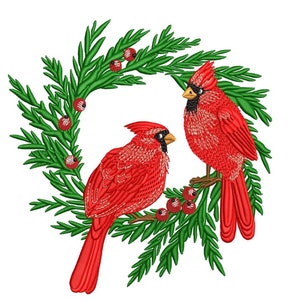 Kardinal Stickdatei, Weihnachtskranz mit Vögeln, 4 Größen, Sofort Download