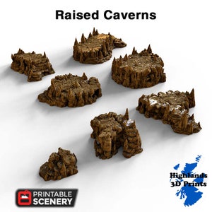 May include: Seven 3D printed raised cavern pieces for tabletop gaming. The pieces are made of brown plastic and have a rough, textured surface. The pieces are designed to look like natural rock formations.