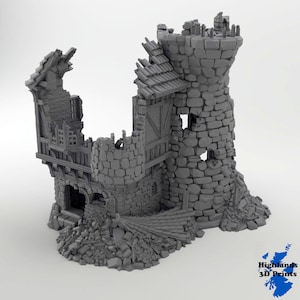Peut inclure: Modèle gris imprimé en 3D d'une tour de château en ruine. La structure est faite de blocs de pierre, avec des sections du toit et des murs manquantes. Des débris sont éparpillés autour de la base, et la conception générale suggère un thème fantastique ou historique.