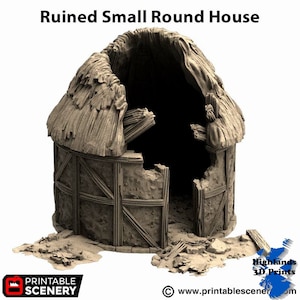 May include: A miniature, ruined round house with a thatched roof and weathered wooden walls. The structure is damaged, with a large section of the wall and roof missing. The text "Ruined Small Round House" is at the top.
