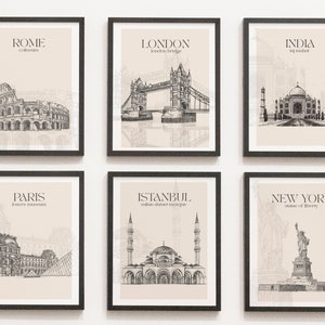 6er-Set Drucke, Reise Stadt Druck Set, Drucke Bündel, Minimal Art Print, Eleganter Druck, druckbare Wandkunst, Galerie Wand Set, Wahrzeichen