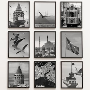 Istanbul Set mit 9 Drucken, Schwarz-weißes Istanbul 9-teilige Wandkunst, Türkei Straßenfotografie, Reisegeschenkidee, Büroeinrichtung, Große Moschee