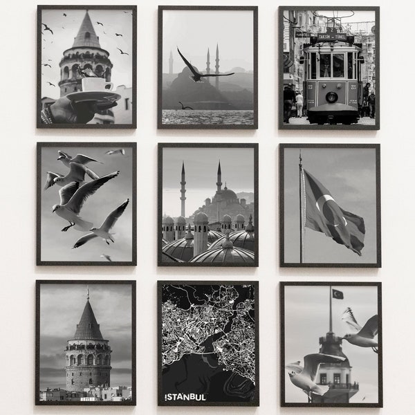 Istanbul Set of 9 prints, Black White Istanbul 9 pieces wall art, Turkey street photography, Travel Gift Idea, Office Decor, Great Mosque