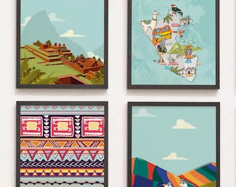 Pérou Rainbow Mountain Travel Poster ensemble de 4, Pérou Wall Art Print, Pérou Montagne Peinture Illustration, Décor aquarelle imprimable du Pérou, Pérou