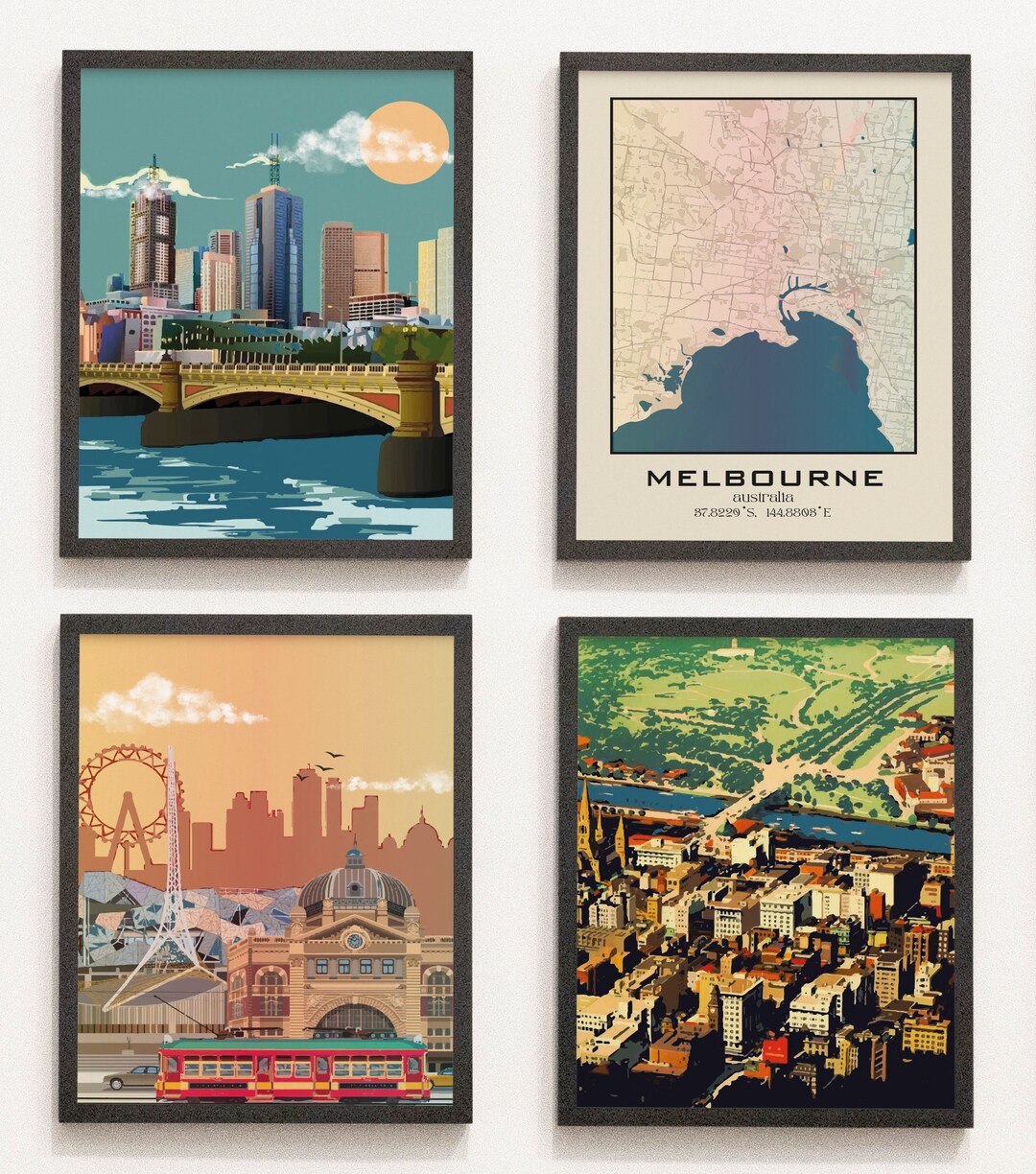 Melbourne City Prints, Melbourne Black and White Prints Set of 4, Melbourne Wall Art, Melbourne