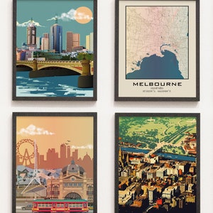 Melbourne City Prints, Melbourne Black and White Prints Set of 4, Melbourne Wall Art, Melbourne Photo Gallery, Melbourne Map, Australia