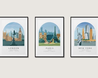 Set of 3 Travel Prints,London, New York, Paris, Poster Set, Travel Prints, Wall Art Decor, Travel Gift, Instant Digital Download