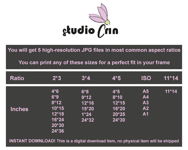 May include: A chart showing the different sizes of printable images in inches, with the corresponding aspect ratios and ISO paper sizes. The chart is titled "Ratio" and "Inches". The text "studio Crin" is at the top of the chart. The text "INSTANT DOWNLOAD! This is a digital download item, no physical item will be shipped" is at the bottom of the chart.