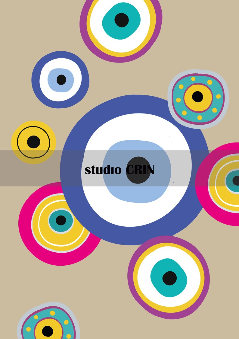 May include: A colourful abstract design featuring multiple blue, yellow, pink and turquoise evil eye charms with black pupils. The design is set against a beige background and includes the text "studio CRIN".