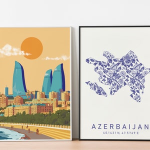 Aserbaidschan Karte Print Minimal Style Blaue Wandkunst, Aserbaidschan Art Print For Home or Gift, Aserbaidschan Color Map Poster, Aserbaidschan set of 2