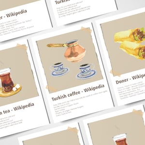 turkish cuisine small movie posters, baklava, kebab, turkish coffee, turkish tea, doner, doner kebab, for kitchen set of 5,