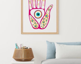 Hamsa hand print, Evil eye wall art, Minimal boho poster, bohemian decor, printable, All seeing eye, instant download