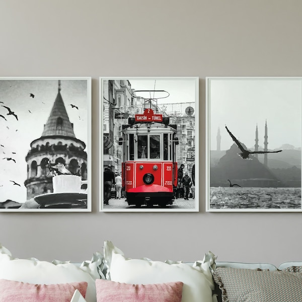 Istanbul Set of 3 prints, Black White Istanbul 3 pieces wall art, Turkey street photography, Travel Gift Idea, Office Decor, Great Mosque