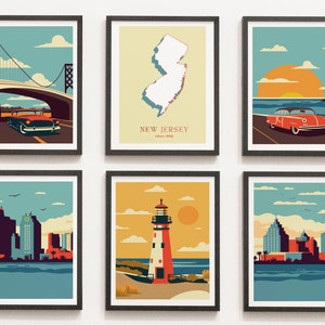 Retro prints staat New Jersey, set van 6 prints staat New Jersey, fotogalerij New Jersey, kaart New Jersey, staat VS, kleurrijk New Jersey