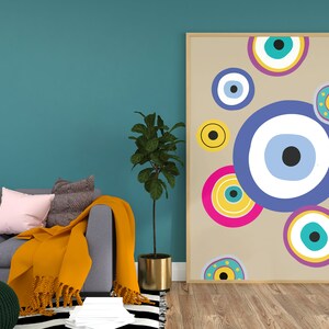 May include: A framed print with a beige background and colourful abstract circles featuring blue, yellow, pink, and turquoise evil eyes.