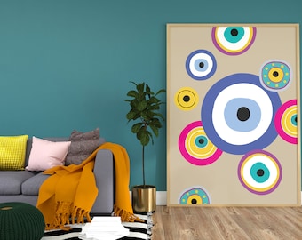 Boho Evil Eye Wall Art, INSTANT DOWNLOAD, Mid Century Modern Wall Art, Evil Eye Print, Hamsa Print,