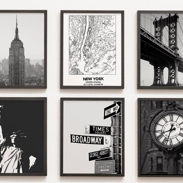 New York City Print, NYC Black and White Prints Set of 6, New York Printable Set, New York Photo Gallery, New York City Map, New York