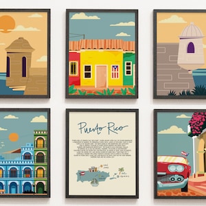 Impresión colorida de la ciudad de Puerto Rico, conjunto de 5 impresiones de Puerto Rico, impresiones artísticas de la ciudad de Puerto Rico, galería de fotos de Puerto Rico, mapa de la ciudad de Puerto Rico