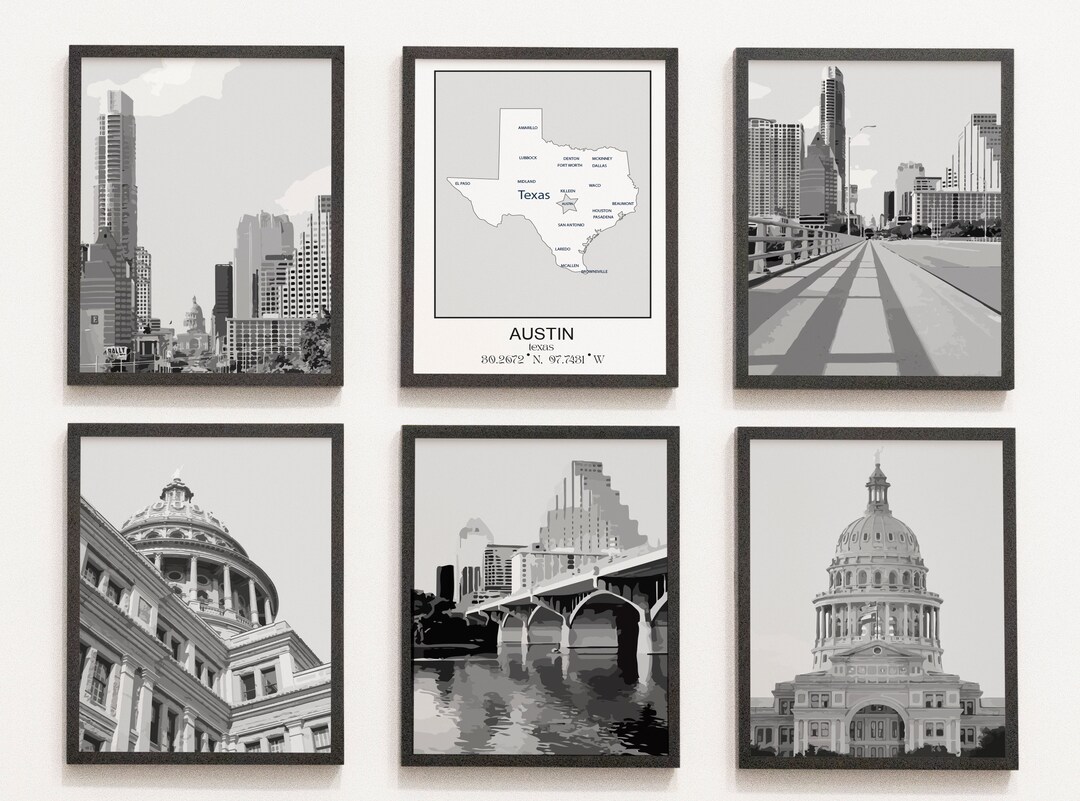 Austin City Prints, Austin Black and White Prints Set of 6, Austin Wall