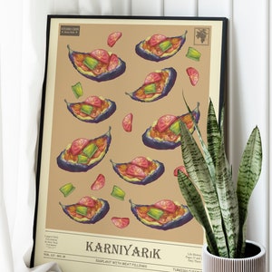 kuchnia turecka, karniyarik, turecki wydruk żywności, wydruk żywności, pobieranie cyfrowe, plakat wystawy, wydruk z połowy wieku, sztuka żywności, sztuka ścienna