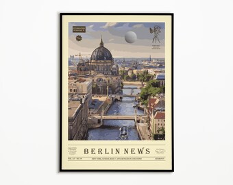 May include: A vintage-style illustration of the Berlin skyline featuring the Berliner Dom, a river, and bridges. The illustration is in a muted color palette and has a retro newspaper design with the text "BERLIN NEWS" and "NEW YORK, SUNDAY, MAY 17, 1904 48 PAGES IN 4 SECTIONS" at the bottom.