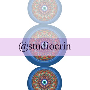 May include: Three blue and white mandala designs with an evil eye in the centre. The middle mandala has the text "@studiocrin" on a purple banner.