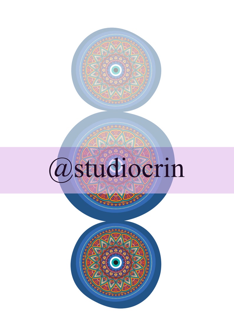 May include: Three blue and white mandala designs with an evil eye in the centre. The middle mandala has the text "@studiocrin" on a purple banner.