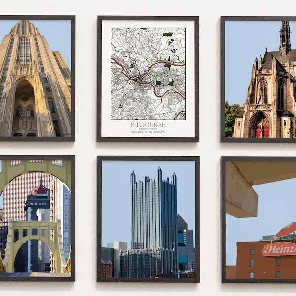 Pittsburgh City Prints, Pittsburgh Black and White Prints Set of 6, Pittsburgh Landmark, Pittsburgh Photo Set, Pittsburgh Map, Pennsylvania