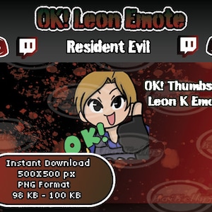 Può includere: Un'illustrazione digitale di Leon S. Kennedy di Resident Evil, che fa un pollice in su con uno sfondo rosso e nero. Il testo "OK! Thumbs up Leon K Emote" è visualizzato in verde e nero. Il testo "Instant Download 500x500 px PNG Format 98 KB - 100 KB" è visualizzato in bianco su uno sfondo rosso.