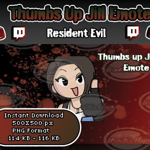 Puede incluir: Gráfico digital de un personaje de dibujos animados haciendo una señal de pulgar hacia arriba, etiquetado como "Thumbs Up Jill Emote" con el texto "Resident Evil". Incluye logotipos de Discord y Twitch, y detalles: "Descarga instantánea, 500X500 px, Formato PNG, 114 KB - 116 KB."