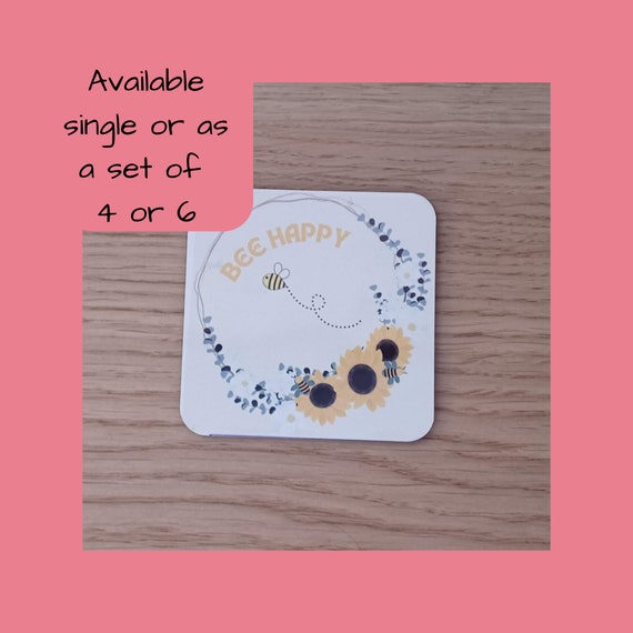 Bee Happy Drinks Coaster, Cute Bee Design, Perfect Housewarming Gift, Wooden Sublimation Coaster With Cork Backing, Set of 1, 2, 3 or 4