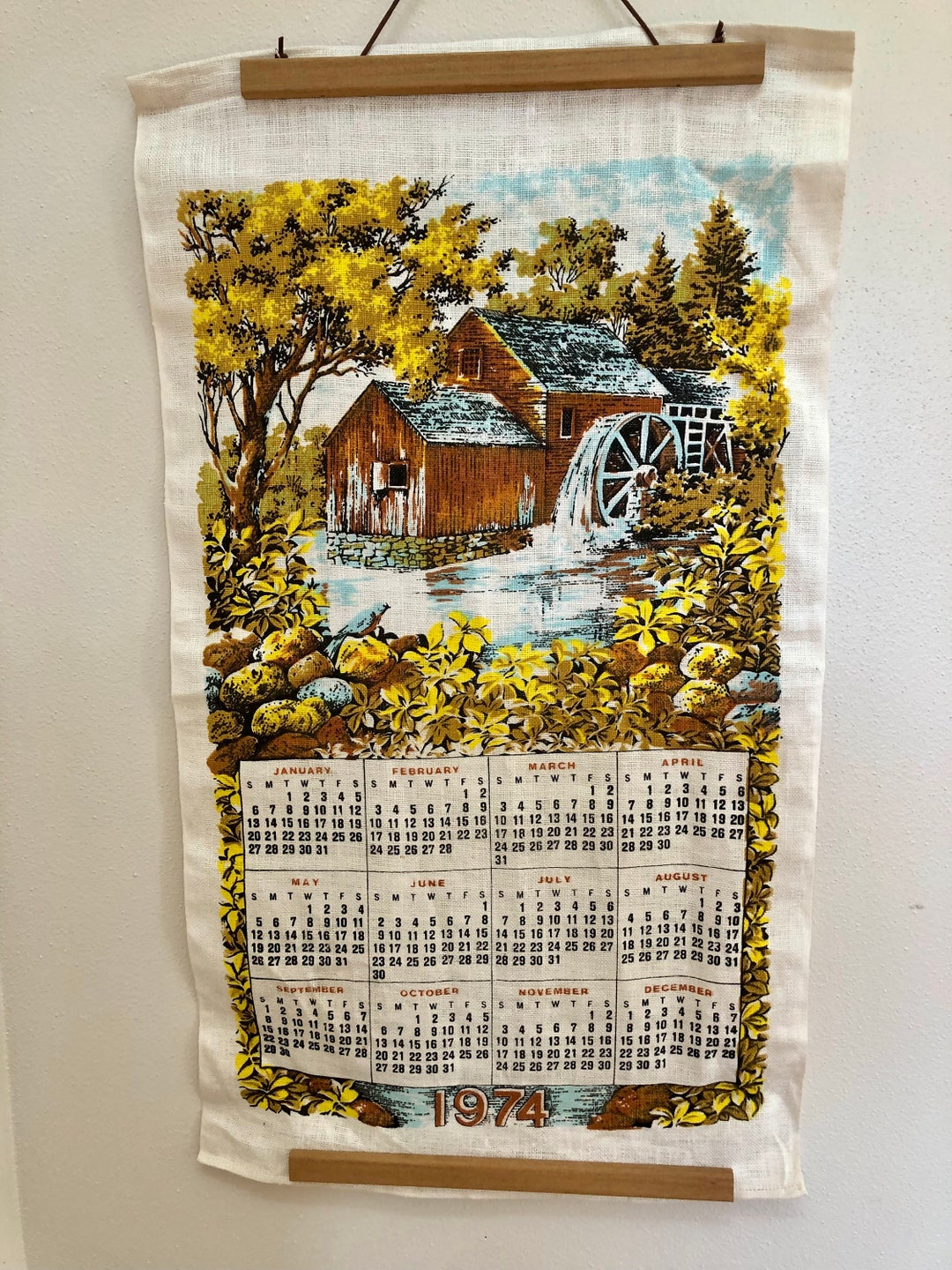 Vintage 1974 Fabric Calendar Waterwheel Mill Barn Scene Etsy