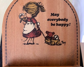 Sweet vintage wooden Notepad and Pen holder "May everybody be happy"