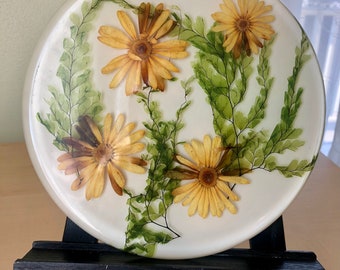 Vintage Trivet with embedded Pressed Daisies and Ferns in an acrylic resin.