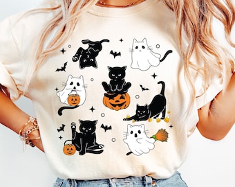 Lindo gato fantasma de Halloween PNG, gato de Halloween PNG, camiseta de Halloween Png, gato de calabaza de Halloween PNG, diseños de camisetas de sublimación de otoño