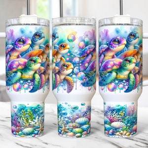 Uroczy kubek Turtle Tumbler Wrap 40oz Quencher Floral Turtle Tumbler PNG Sublimacja Design Sea Baby Turtles Tumbler Wrap, Natychmiastowe pobranie cyfrowe