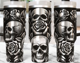 Skulls Tumbler Wrap 40oz Laser Svg, Floral Engraved Tumbler Laser File, Laser Engraving Svg, Skull with Flower 40 oz Tumbler Wrap Svg Design