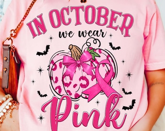 A ottobre indossiamo il rosa Png, Retro Breast Cancer Png, Zucca Png, Sensibilizzazione sul cancro al seno Png, Halloween rosa Png, Sublimazione di Halloween