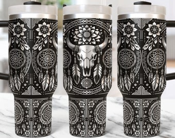 Boho Kuhschädel Azteken Tumbler Wrap LaserSvg, 40 Unzen Laser gravierter Stierschädel, Country Western 40 Unzen Laser Datei Design, Laser Gravur svg