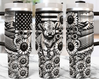 Floral Highland Cow Tumbler Wrap Laser Svg 40oz Laser Engraved USA Flag Laser Engraving Svg Highland Cow 40 oz Tumbler Laser File Svg Design