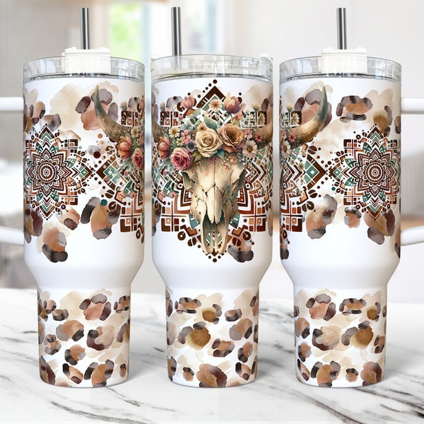 Emballage de gobelet aztèque tête de mort bohème 40 oz gobelet désaltérant PNG Sublimation Design Floral crâne de taureau emballage de cow-girl country western