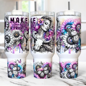 Daily Affirmations 40 oz Tumbler Wrap Self Love Mental Health, Western Sunflowers 40oz Quencher Tumbler PNG, Sublimation Design Templates