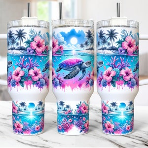 May include: Three white stainless steel tumblers with lids and straws. Each tumbler features a colourful tropical scene with palm trees, hibiscus flowers, coral reefs, and a sea turtle swimming in the ocean. The tumblers are perfect for enjoying your favourite beverages on the go.