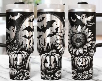 May include: Three black stainless steel tumblers with Halloween-themed designs. Each tumbler features a different design: a pumpkin, bats, a ghost, and a sunflower. The tumblers have a black handle and a clear lid with a straw.