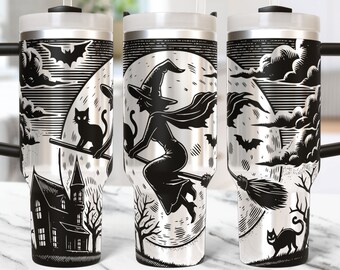 May include: A black and white stainless steel tumbler with a Halloween theme. The design features a witch flying on a broomstick with a cat, a full moon, bats, and a haunted house.